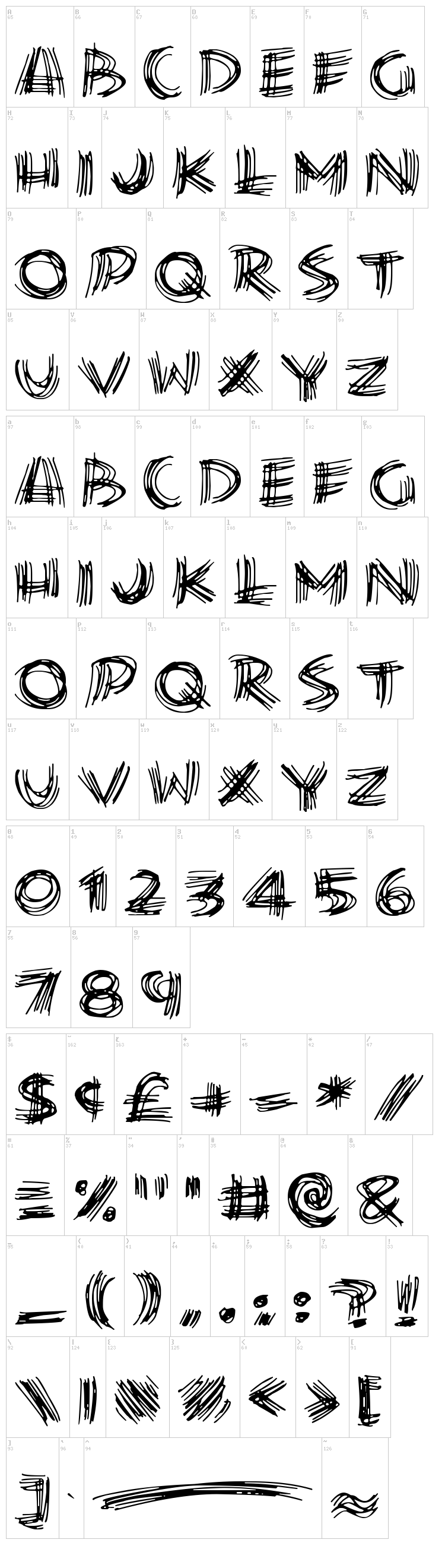 Scribble Lines font map